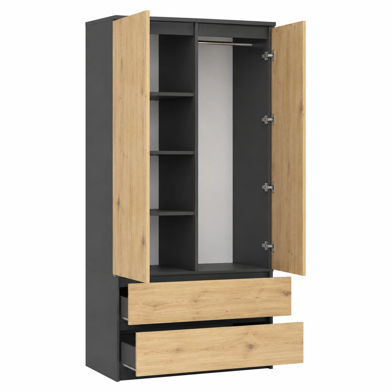 Mehrzweckschrank – 180 × 90 × 51 cm, mit Schubladen, mit mehreren Türen, mit Ablagen, aus Eichenholz, Grau, für Schlafzimmer