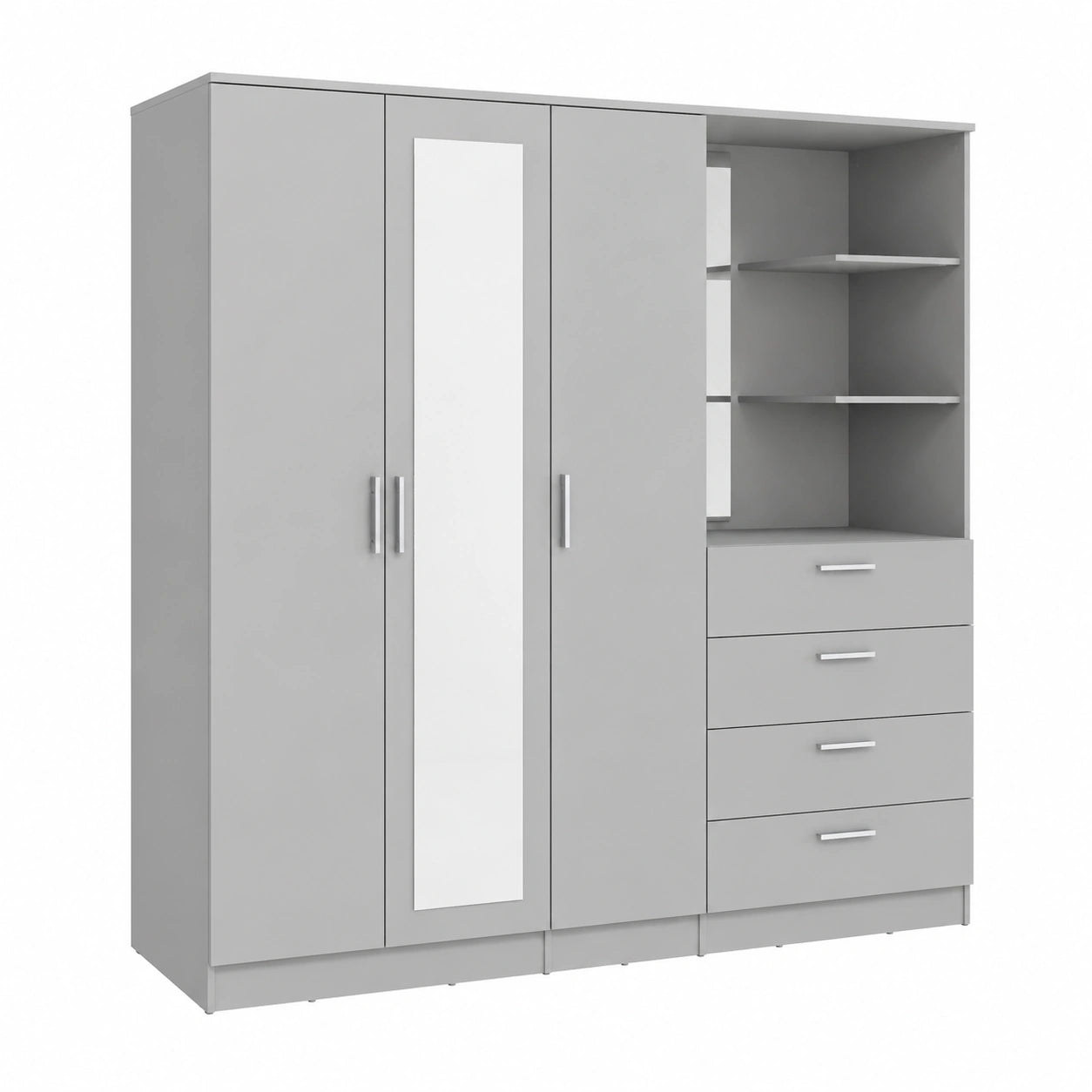 Kleiderschrank – 199 cm, minimalistischer Stil, mit Schubladen, mit mehreren Türen, aus Holzwerkstoff, Grau