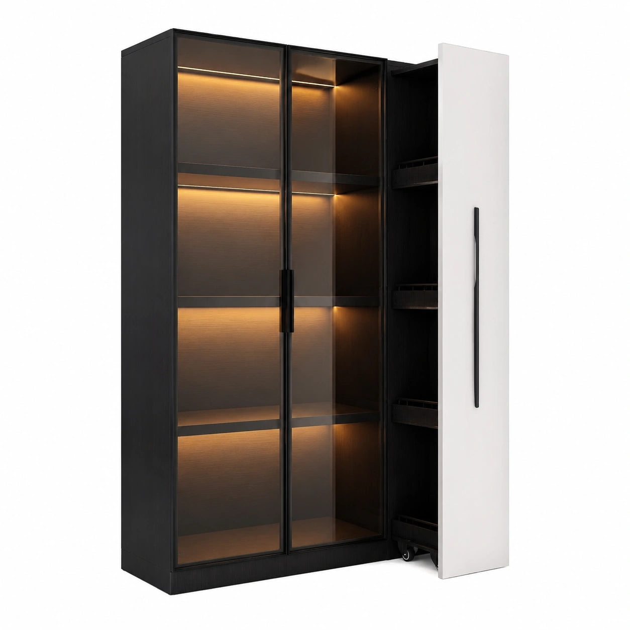 Schrank – 110,5 × 35 × 160 cm, mit LED-Beleuchtung, Schwarz, für Esszimmer, Wohnzimmer und Büro