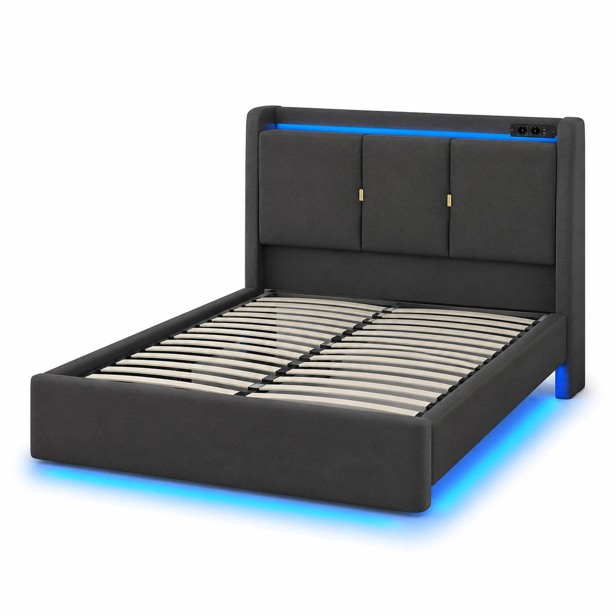 Polsterbett – 90 × 200 cm, klappbar, gepolstert, mit Stauraum, mit LED-Beleuchtung, Grau
