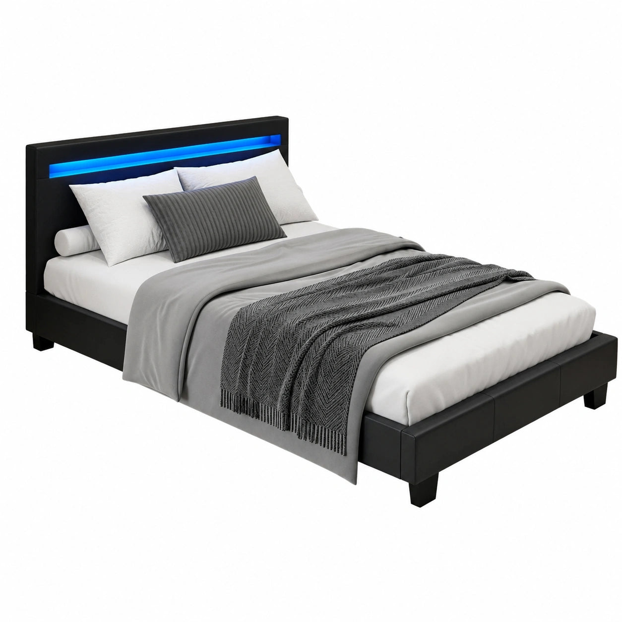 Polsterbett – 90 × 200 cm, gepolstert, mit LED-Beleuchtung, mit Lattenrost, aus Kunstleder und Holz, Schwarz