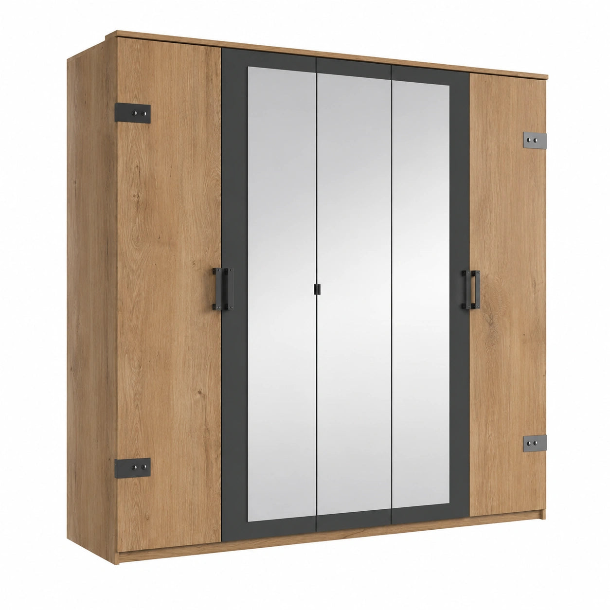 Kleiderschrank – 225 × 210 × 58 cm, Industriestil, mit mehreren Türen, mit Ablagen, aus Eichenholz