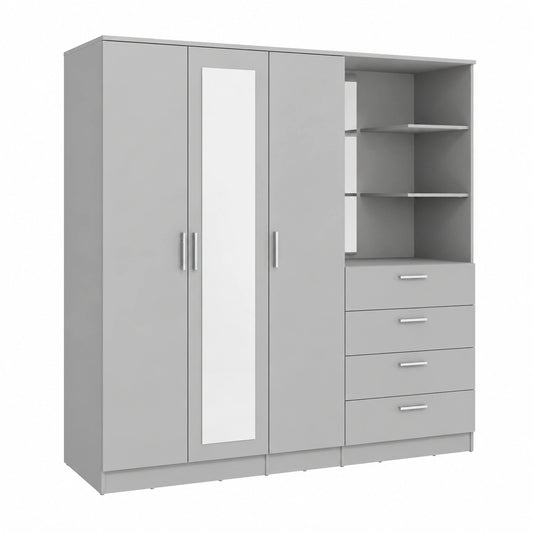 Kleiderschrank – 199 cm, minimalistischer Stil, mit Schubladen, mit mehreren Türen, aus Holzwerkstoff, Grau