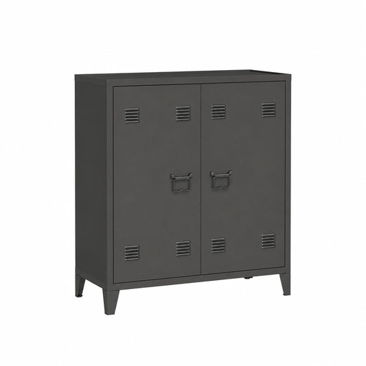 Metallschrank – 90 × 80 × 33 cm, höhenverstellbar, mit mehreren Türen, mit Ablagen, Schwarz