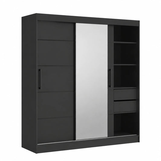 Kleiderschrank – 200 cm, mit Schubladen, Schwarz