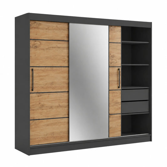 Kleiderschrank – 200 cm, mit Schubladen, aus Eichenholz, Schwarz