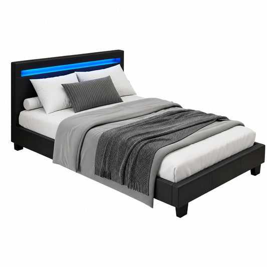 Polsterbett – 90 × 200 cm, gepolstert, mit LED-Beleuchtung, mit Lattenrost, aus Kunstleder und Holz, Schwarz