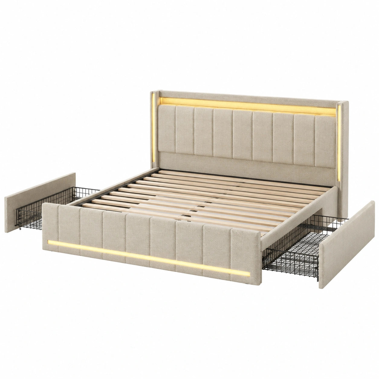 Doppelbett – 160 × 200 cm, gepolstert, mit Stauraum, mit LED-Beleuchtung, Beige