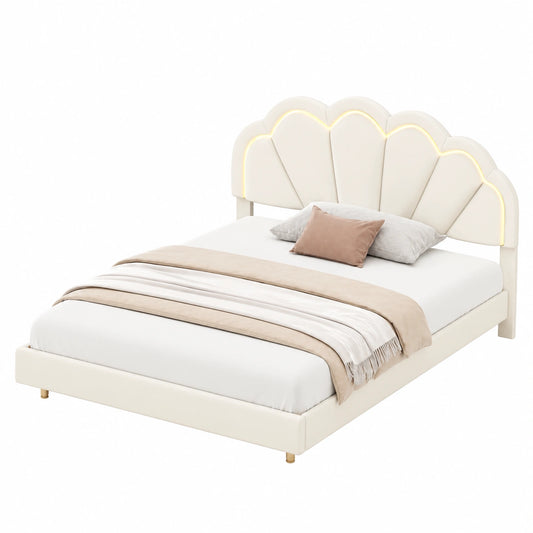 Polsterbett – 140 × 200 cm, gepolstert, mit LED-Beleuchtung, Beige