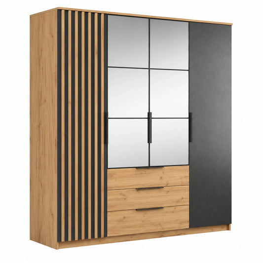Kleiderschrank – 200 cm, mit Schubladen, mit Ablagen, aus Eichenholz, Schwarz, für Schlafzimmer