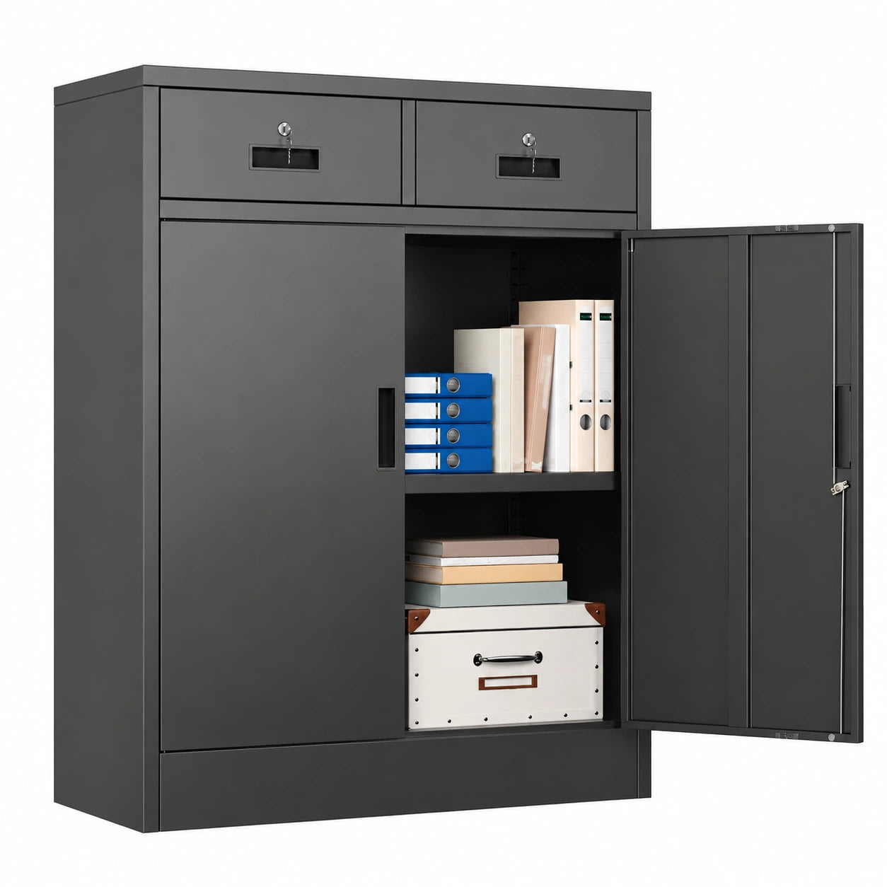 Aktenschrank – mit Schubladen, mit mehreren Türen, aus Stahl, Schwarz, für Büro